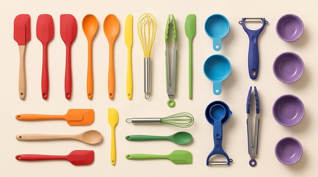 Set of colorful silicone kitchen utensils and cooking tools for baking and food preparation. rainbow kitchen essentials