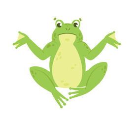Fototapeta premium Confused cute green frog. Aquatic animal, lake water amphibian vector illustration