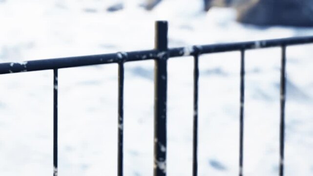A black fence is positioned near the edge of a snowy area. Snow covers the ground and some rocks are visible in the background. This scene shows winter elements in the setting.