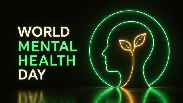 World mental health day banner featuring neon green human head with glowing leaves and circle.