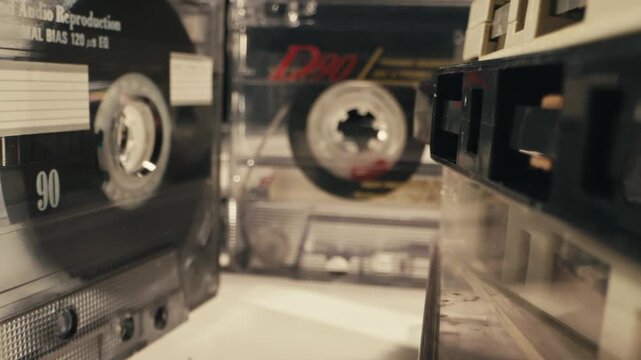 Cassette audio tapes many macro close up retro vintage music collection analog stack detail