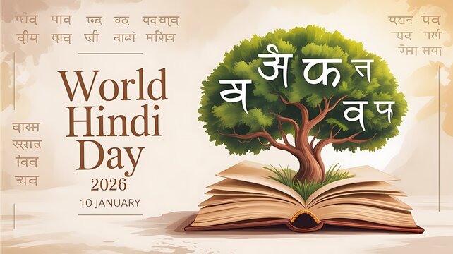 World hindi day poster with tree growing from an open book