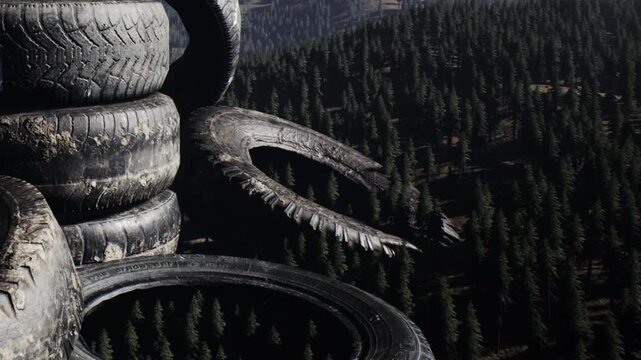 Tall stacks of used tires sit on a hill overlooking a forest. The trees are dense and green under bright sunlight. Mountains rise in the background, adding to the scenery.