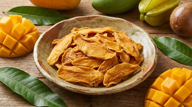 Dried mango slices in a ceramic bowl on a wooden table with fresh mango pieces and green leaves. dried mango flakes