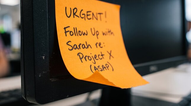 Urgent reminder sticky note attached to a computer monitor in an office.