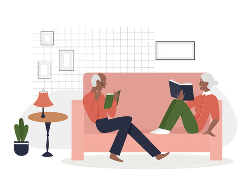 Elderly couple reading books. Relaxing retirement seniors people time vector illustration