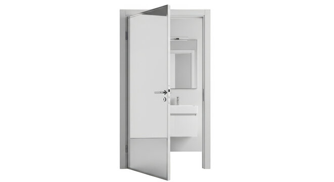 Modern white open door to bathroom isolated on transparent background