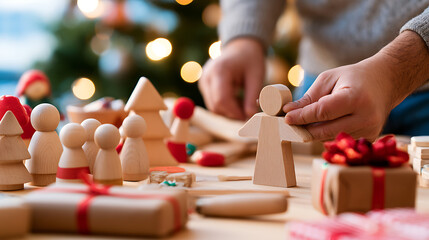 Naklejka premium Person craft handmade wooden toy figure for winter holiday season celebration with gift box on table in cozy room with glowing light bokeh
