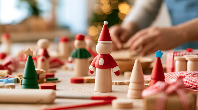 Handmade wooden Christmas toys and figurines on a table with a person crafting holiday decorations in a warm festive workshop setting