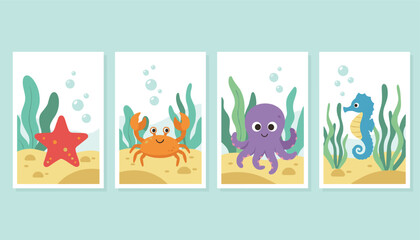 Fototapeta premium Set of four cute sea life nursery posters featuring a cartoon starfish, crab, octopus, and seahorse under water.