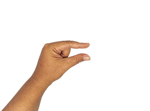 Hand showing small size gesture holding invisible object isolated. hand holding something tiny, pinching, or measuring small amount for communication.
