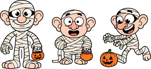 Fototapeta premium Set of three cute cartoon mummy characters holding halloween pumpkins for trick or treat celebration isolated on white