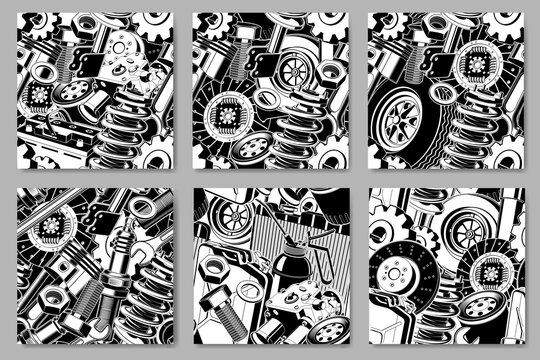 Automotive Mechanic Seamless Pattern Set, Vintage Black and White Car Parts, Engine Components, Gears, Wheels and Tools for Garage and Industrial Design