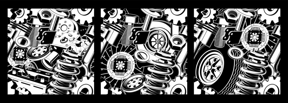 Automotive Mechanic Seamless Pattern Set with Car Parts, Engine Components, Gears, Wheels and Suspension, Black and White Industrial Backgrounds
