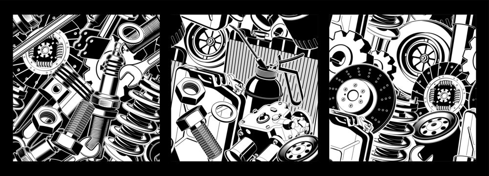 Auto Parts Seamless Pattern Set with Vintage Mechanical Components, Pistons, Gears, Wheels, Brakes and Garage Tools, Monochrome Industrial Design