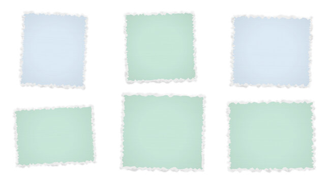 A collection of six square paper cards with rough torn edges in soft pastel shades of light blue and pale green on a black background
