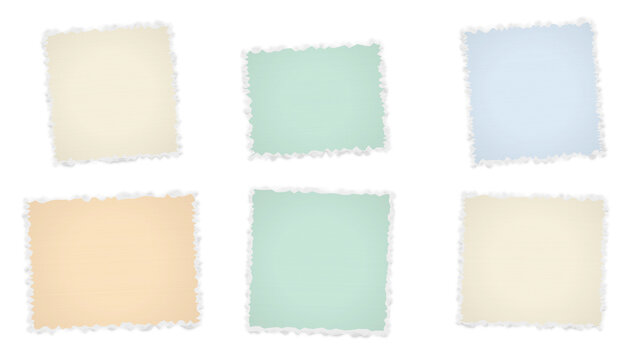 A collection of six square paper frames with torn edges in pastel colors arranged on a solid black background, for various projects