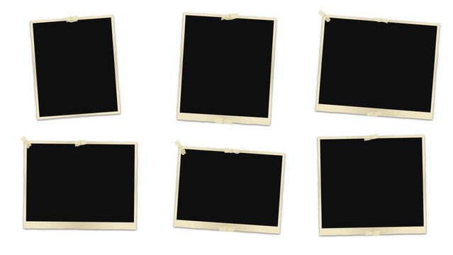 A collection of six vintage style empty frames with white borders and adhesive tape, arranged on a solid black background, for display