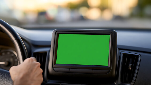 Close-up of a car dashboard with a green screen on the navigation display and a driver hand on the steering wheel during daytime travel