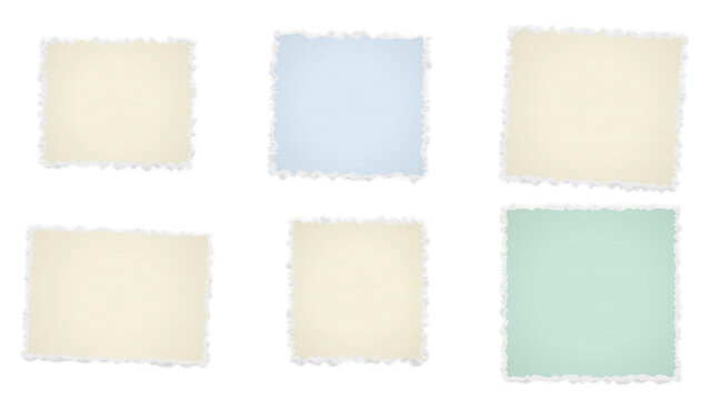 A collection of six square paper frames with torn edges in pastel colors arranged on a solid black background, for various projects