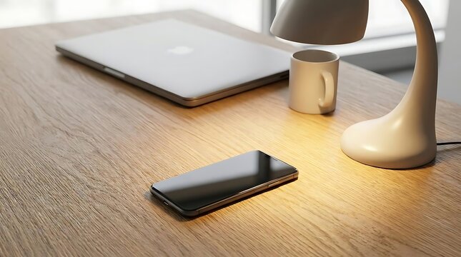 A modern workspace featuring a smartphone, a sleek laptop, and a desk lamp, symbolizing the constant connectivity of a 24 7 365 professional lifestyle