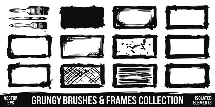 Vector set of grungy ink brush strokes and rectangular photo frames with brush stroke grunge frame isolated collection distressed rectangles splatter creative backdrop abstract decoration