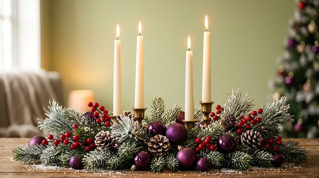 Christmas advent wreath with four tall candles and festive berries on a wooden table surface