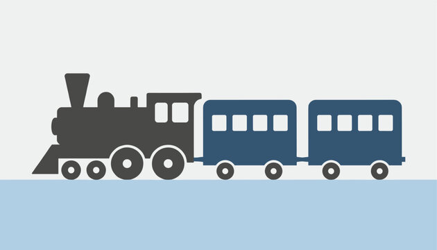 Classic steam locomotive pulling two vintage passenger carriages along a simple light blue line on a light grey background.