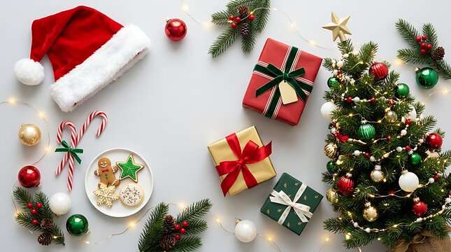 Christmas tree with gifts and santa hat decoration flat lay on a light gray holiday background