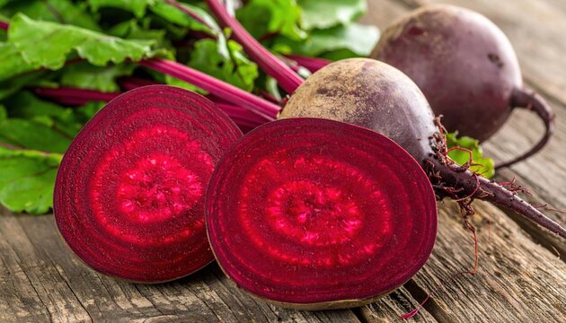 Whole and sliced young beets with green leaves, closeup