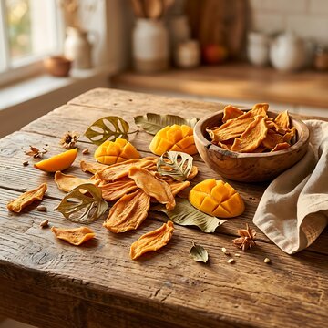 Fresh sliced mango pieces with dried leaves on a rustic wooden kitchen table. dried mango flakes