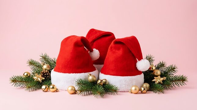 Three red santa hats with green pine branches and gold bells on a soft light pink background