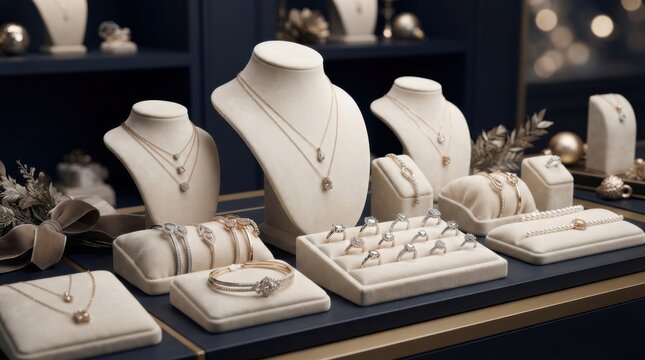 Jewelry store showcase display with diamond necklaces and rings on velvet luxury stands.