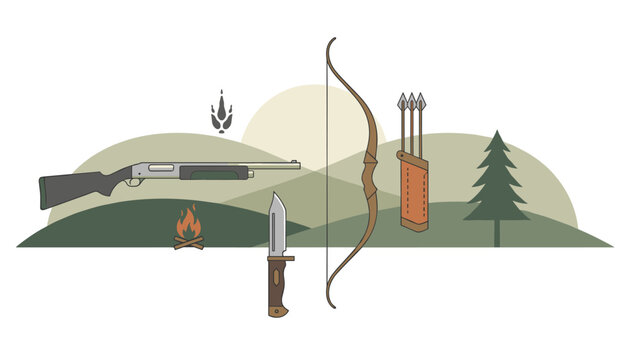 Hunting equipment collection including shotgun, hunting knife, bow and arrows set against hills and bonfire background.