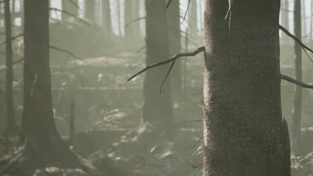 Burned forest area shows tall, bare trees with gray trunks. Ash covers the ground. Smoke rises, and the environment looks altered after a recent fire. Little life is visible.
