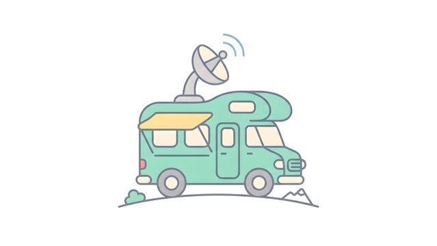 Illustration of a green camper van with a satellite dish on top sending signals