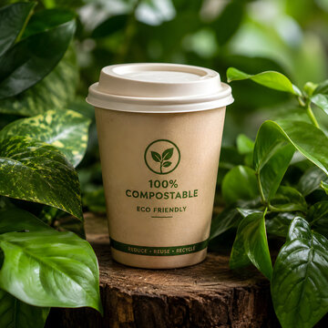 Eco Friendly 100% Compostable Paper Coffee Cup with Lid Placed on Wooden Stump Surrounded by Fresh Green Leaves, Biodegradable Sustainable Packaging Concept