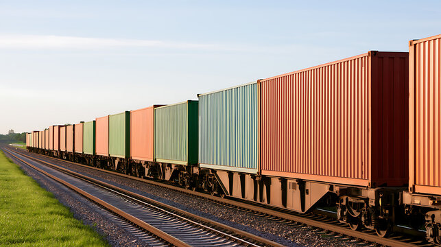 A long freight train loaded with colorful cargo containers travels along railway tracks through a rural landscape during bright daytime light