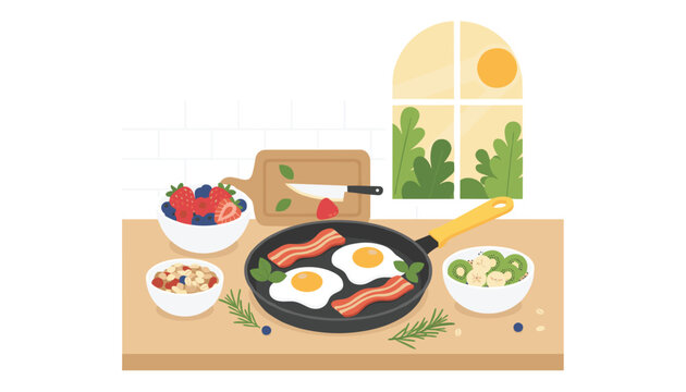 Healthy breakfast preparation with fried eggs and bacon in a pan, fresh berries, fruit salad, and granola on table.