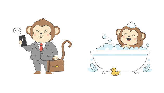 Cute monkey character depicted in two different situations as a businessman in a suit and relaxing in a bathtub.