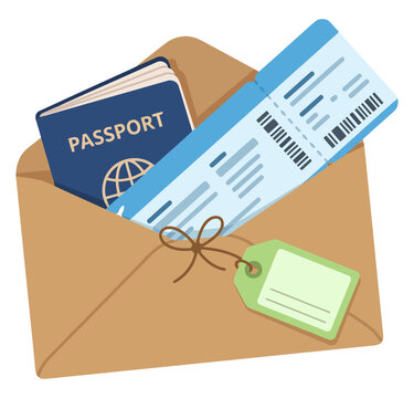 Travel envelope containing a passport and an airline boarding pass with a luggage tag
