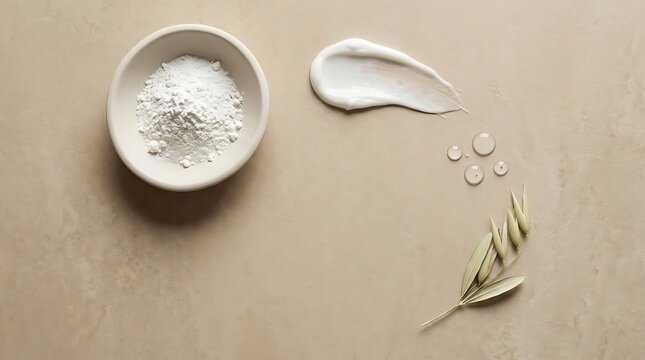 Allantoin skincare ingredients with a bowl of powder, cream smear, cosmetic oil drops, and a natural botanical sprig on a neutral beige background