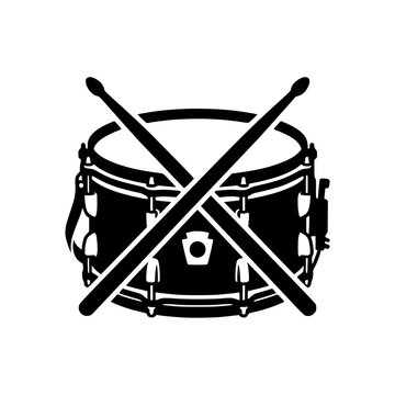 Black and white vector icon of a snare drum with drumsticks