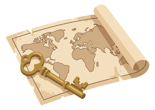 Old world map scroll with vintage brass key isolated on white background