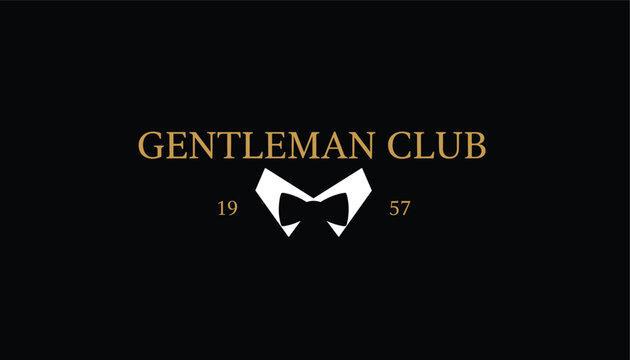 Vintage gentleman club logo design featuring a white collar and black bow tie against a dark background with gold lettering from nineteen fifty seven.