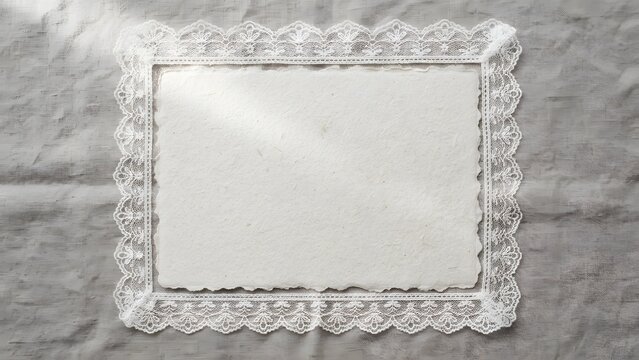 Elegant white lace frame surrounding textured paper on a textured background