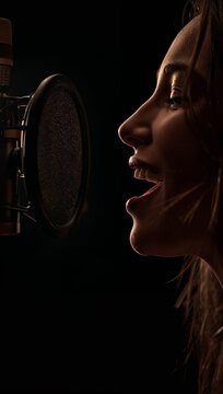 Talented female singer passionately singing into studio condenser microphone with pop filter against dark background.