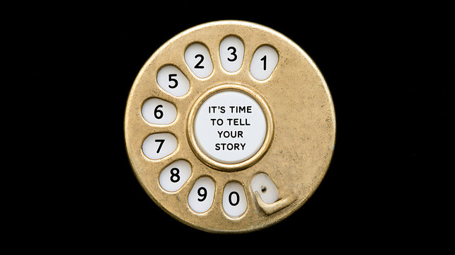 Vintage rotary telephone dial with inspiring message text isolated on black background, conceptual retro communication tool for projects