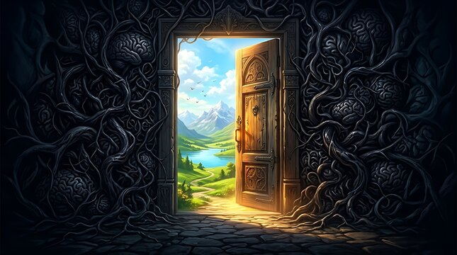 Open wooden door revealing a beautiful sunny landscape with mountains and lake