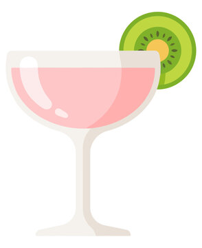Pink cocktail in a coupe glass with a kiwi fruit slice garnish, refreshing summer drink, flat vector illustration
